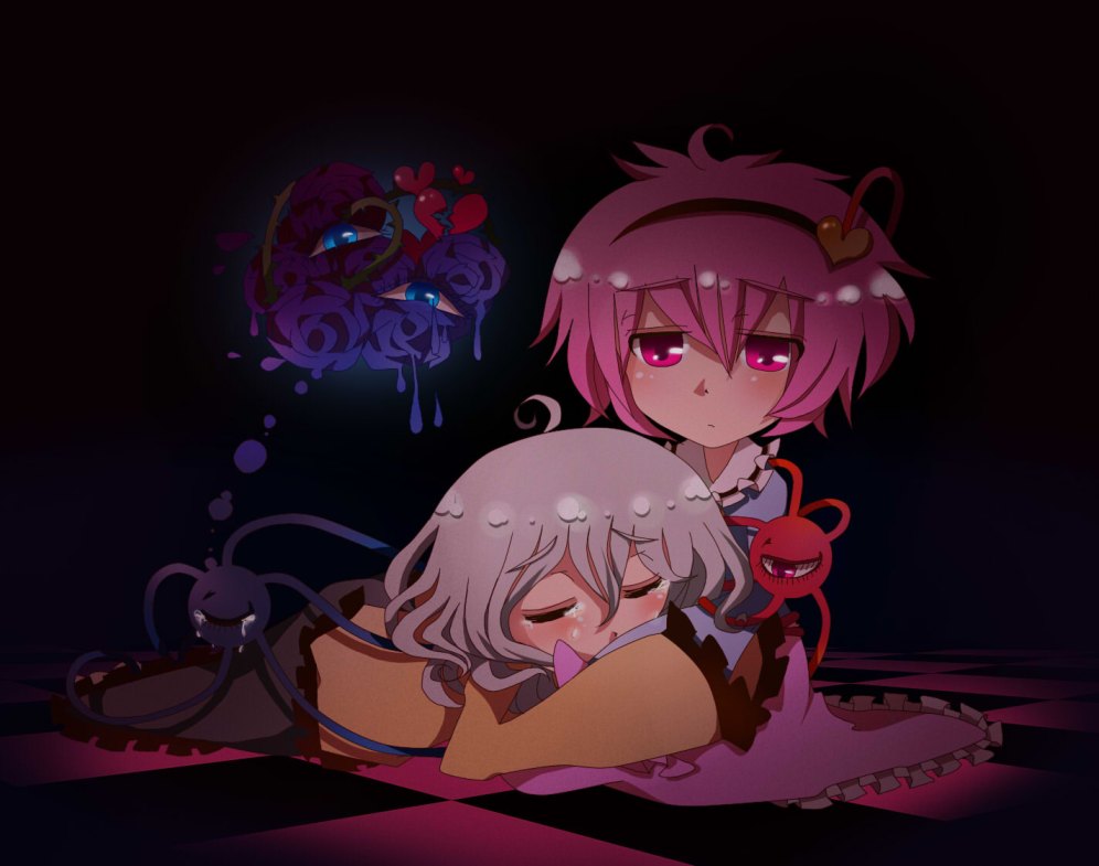 bad_id bad_pixiv_id komeiji_koishi komeiji_satori multiple_girls pink_eyes pink_hair pote_(aonibi_kairou) siblings silver_hair sisters tears touhou