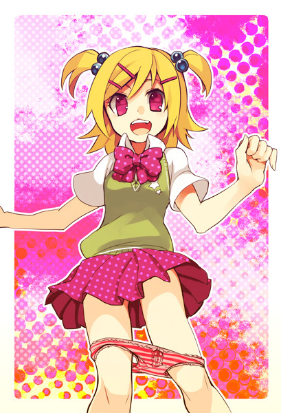 bad_id bad_pixiv_id blonde_hair bow hair_bobbles hair_ornament kagamine_rin panties pantsu_nugeru_mon!_(vocaloid) panty_pull pink_eyes polka_dot short_twintails solo striped striped_panties sweater_vest twintails underwear vocaloid zakki