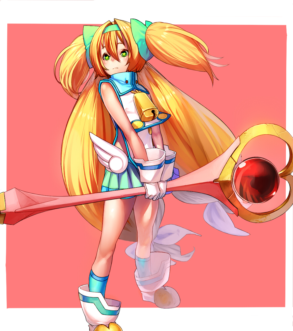 bad_id bad_pixiv_id bell blazblue blonde_hair gloves green_eyes long_hair low-tied_long_hair muchourin npa_(sirokurokuma) platinum_the_trinity quad_tails staff symbol-shaped_pupils two_side_up