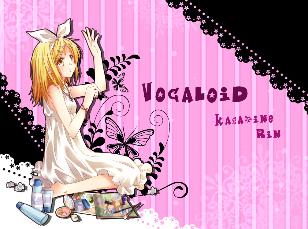 art_brush bad_id bad_pixiv_id bare_shoulders blonde_hair brush kagamine_rin nail_polish paintbrush painting pink_nails short_hair sitting solo vocaloid yellow_eyes yui_(daijun)