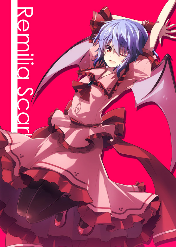 6u_(eternal_land) arms_up bat_wings blue_hair character_name mary_janes one_eye_closed purple_hair red_eyes remilia_scarlet shoes short_hair solo touhou wings