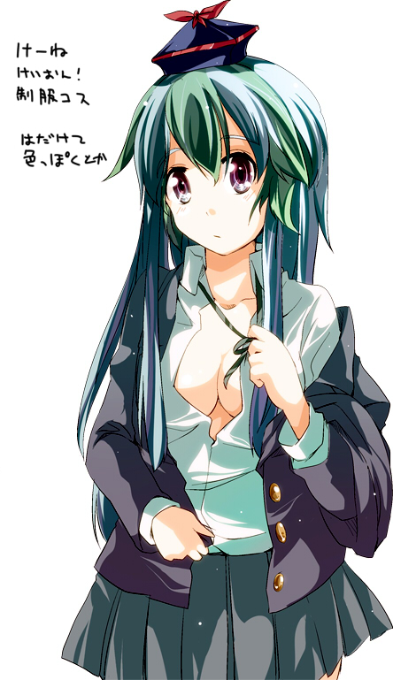 aioi_aoi alternate_costume bad_id bad_pixiv_id breasts cleavage contemporary green_hair hat kamishirasawa_keine long_hair medium_breasts no_bra red_eyes solo touhou translation_request undressing
