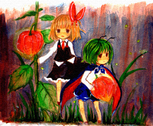 akimizu food fruit leaf minigirl multiple_girls plant rumia touhou wriggle_nightbug