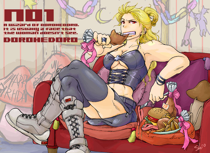 blonde_hair boots bracelet couch cross crossed_legs dorohedoro eating engrish food fork hamburger happy_birthday inverted_cross jewelry meat muscle mushroom noi_(dorohedoro) pillow ranguage red_eyes ring sitting skull solo thighhighs
