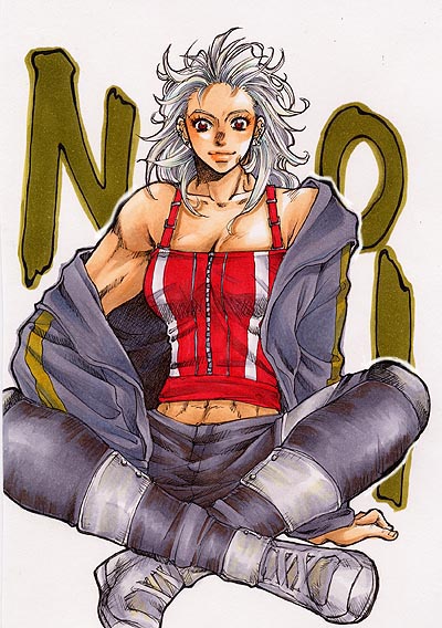 abs dorohedoro ear_piercing muscle muscular_female noi_(dorohedoro) piercing red_eyes sitting smaru47 solo white_hair