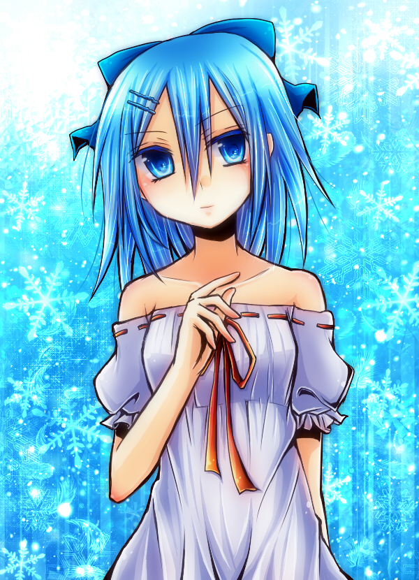 alternate_costume alternate_hairstyle amano-sora bad_id bad_pixiv_id bare_shoulders blue blue_eyes blue_hair bow cirno hair_between_eyes hair_bow hair_ornament hairclip snowflakes solo touhou