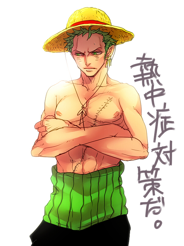 bad_id bad_pixiv_id earrings green_hair hat jewelry male_focus mayuki_(ubiquitous) one_piece roronoa_zoro scar shirtless simple_background solo straw_hat translation_request white_background