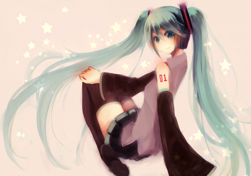 bad_id bad_pixiv_id detached_sleeves green_eyes green_hair hatsune_miku long_hair looking_back skirt solo syutyou thighhighs twintails very_long_hair vocaloid