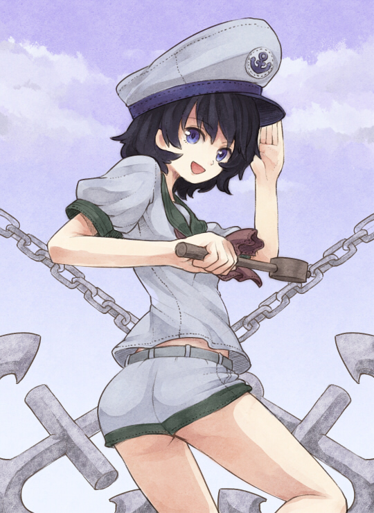 anchor bad_id bad_pixiv_id black_hair blue_eyes chain hat hishaku murasa_minamitsu sailor sailor_collar sailor_hat short_hair solo touhou urin