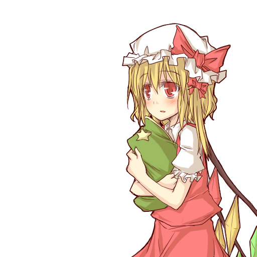 blonde_hair blush borrowed_garments flandre_scarlet hat hat_removed headwear_removed holding holding_hat natsuk red_eyes short_hair side_ponytail solo star touhou wings