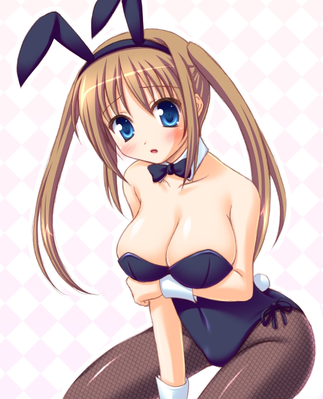 animal_ears blue_eyes blush breasts brown_hair bunny_ears bunny_tail bunnysuit cleavage large_breasts looking_at_viewer miu_(c_blue) original pantyhose solo tail twintails wrist_cuffs