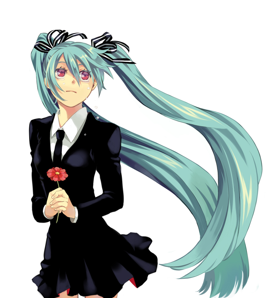 aqua_hair flower formal hair_ribbon hatsune_miku long_hair miho_(mi) necktie red_eyes ribbon saihate_(vocaloid) simple_background skirt solo suit tears twintails very_long_hair vocaloid