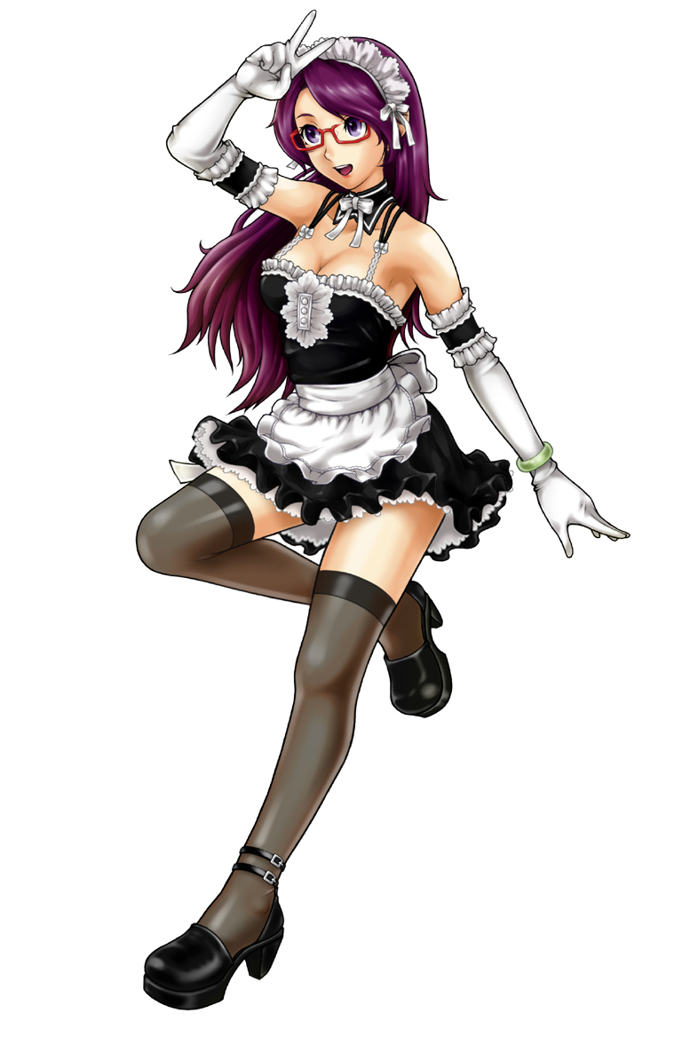 alternate_costume asamiya_athena bare_shoulders bespectacled bracelet breasts choker cleavage elbow_gloves enmaided frills glasses gloves jewelry large_breasts legs maid maid_headdress miniskirt purple_eyes purple_hair skirt solo the_king_of_fighters thighhighs v yan_fei_toketsu zettai_ryouiki