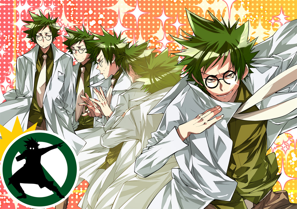 collared_shirt facial_hair glasses green_hair katekyo_hitman_reborn katekyo_hitman_reborn! labcoat necktie shirt short_hair sparkle sparkles stubble tie verde