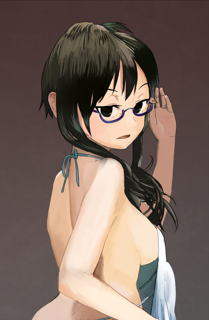 apron bad_id bad_pixiv_id black_eyes black_hair breasts copyright_request glasses long_hair naked_apron shuku sideboob small_breasts solo