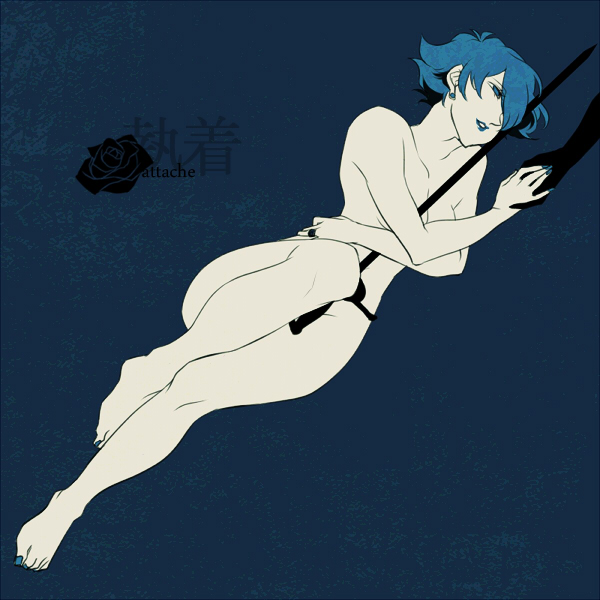 barefoot blue_background blue_hair feet flipped_hair kaoru_kozue nude short_hair shoujo_kakumei_utena suzuki_hayase sword weapon