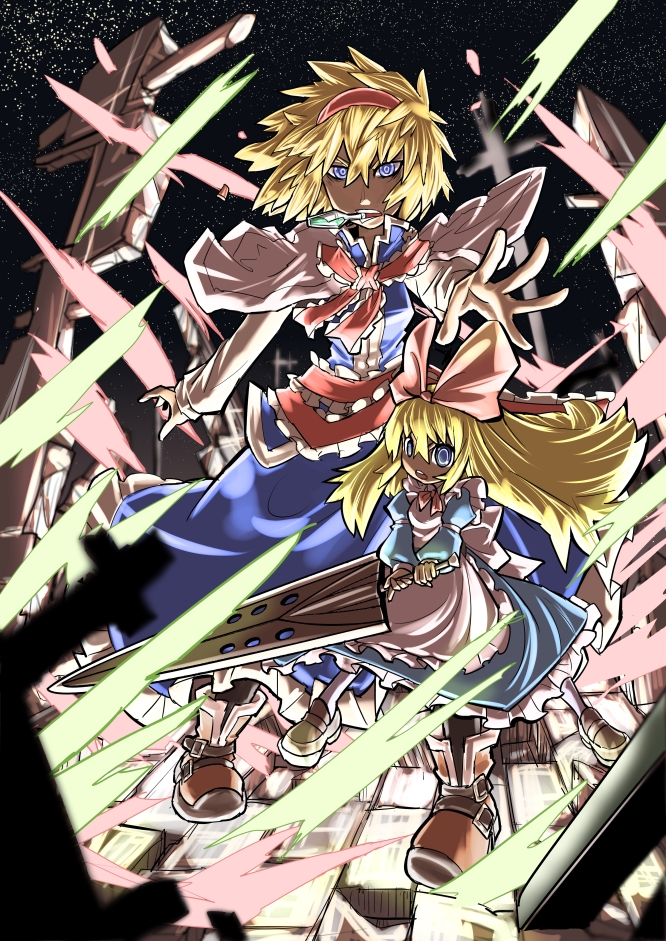 alice_margatroid blonde_hair blue_eyes bow capelet doll fifiruu hair_bow hairband long_hair shanghai_doll short_hair solo sword touhou weapon