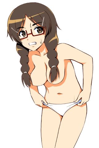 1girl braid braids breasts brown_eyes brown_hair censored character_request convenient_censoring female glasses lowres no_bra panties simple_background solo underwear undressing white_background