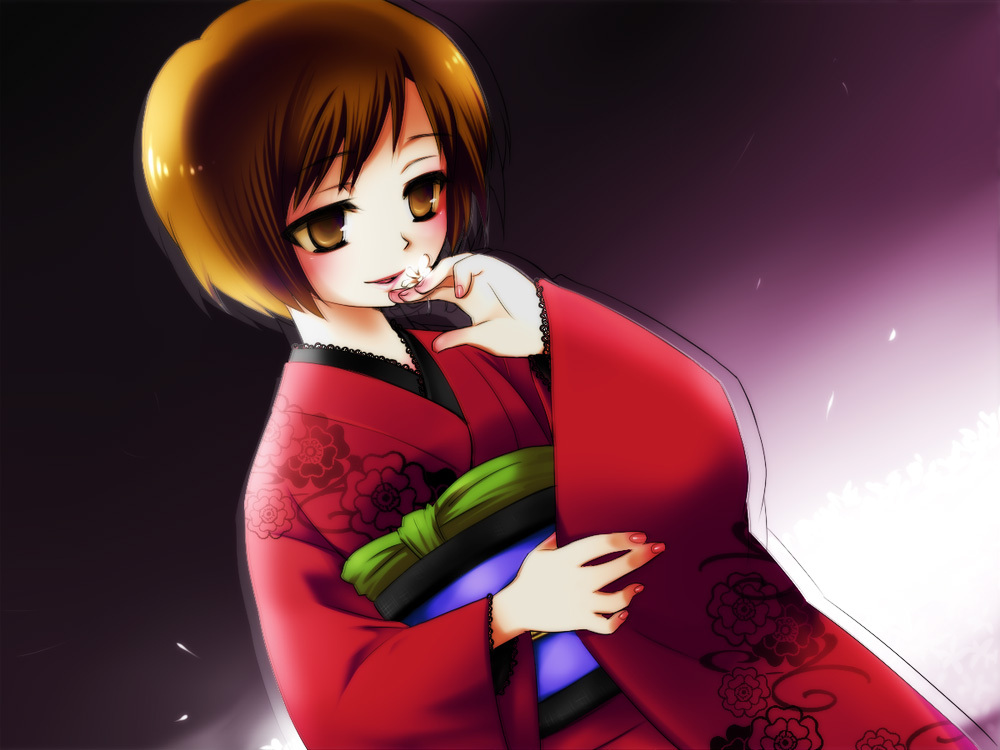 bad_id bad_pixiv_id brown_eyes brown_hair child flower hands japanese_clothes kimono meiko motisako_(artist) red short_hair solo vocaloid younger