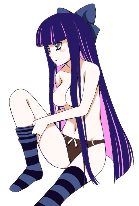 blush bow breasts censored convenient_censoring dressing green_eyes hair_bow medium_breasts multicolored_hair noise_(tsuzuki) panty_&amp;_stocking_with_garterbelt ribbon solo stocking_(psg) striped striped_legwear thighhighs two-tone_hair