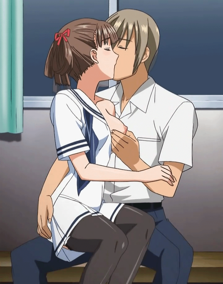 1boy 1girl animated animated_gif ass ass_grab breast_slip breasts eyes_closed fondle gif groping kiss kissing nipples no_bra one_breast_out sailor_dress sitting small_breasts sorayama_natsume stitched thighhighs