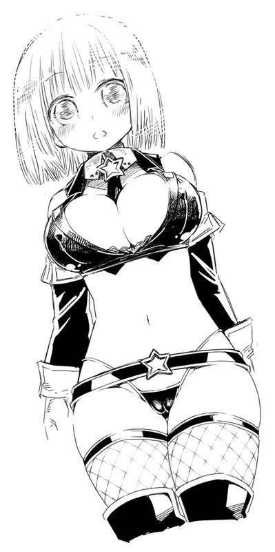breasts cleavage fantasy_earth_zero fbc gloves greyscale large_breasts monochrome open_clothes open_shirt panties shirt solo thighhighs underwear