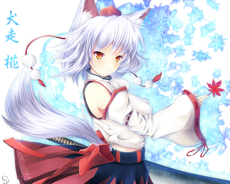 animal_ears bad_id bad_pixiv_id breasts character_name covered_nipples detached_sleeves ginzake_(mizuumi) hat inubashiri_momiji large_breasts leaf leaf_background maple_leaf orange_eyes serious short_hair silver_hair solo sword tail tokin_hat touhou weapon white_hair wolf_ears wolf_tail