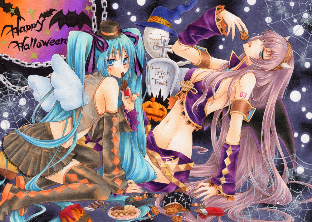 aoi_yuuka_(ao_no_kokoro) aqua_eyes aqua_hair arm_support bat bat_wings blush boots breasts candy chain cleavage cookie detached_sleeves eating food ghost hair_ribbon hairband halloween happy_halloween hat hatsune_miku horns kneeling long_hair medium_breasts megurine_luka midriff mini_hat mini_top_hat multiple_girls navel necktie pink_hair ribbon silk skirt spider_web thigh_boots thighhighs tombstone tongue top_hat traditional_media trick_or_treat twintails very_long_hair vocaloid wings