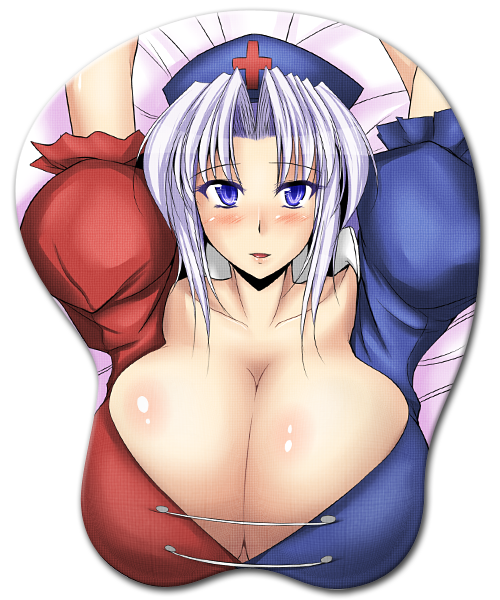 arms_up blush breast_mousepad breasts cleavage collarbone hat huge_breasts looking_at_viewer mousepad nurse_cap puffy_short_sleeves puffy_sleeves purple_eyes red_cross short_sleeves simple_background solo stiel touhou upper_body white_background yagokoro_eirin
