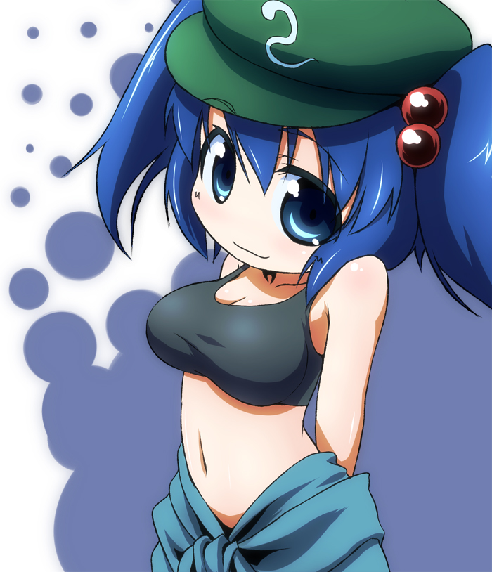 blue_eyes blue_hair breasts cleavage clothes_around_waist hair_bobbles hair_ornament hat kawashiro_nitori kusaba_(kusabashiki) large_breasts midriff navel shirt short_hair smile solo taut_clothes taut_shirt touhou twintails two_side_up