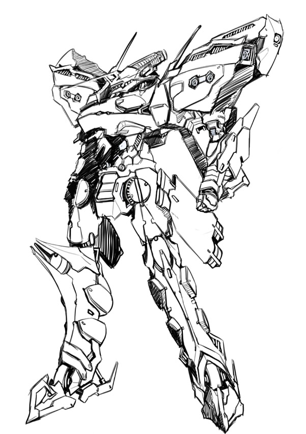 armored_core:_for_answer from_software full_body hijiri monochrome no_humans solo white_background white_glint
