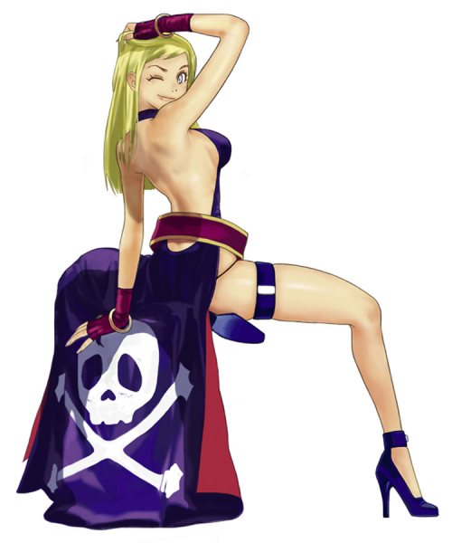 back backless_dress backless_outfit bare_back belt blonde_hair bonne_jenet dress fatal_fury fingerless_gloves full_body gloves high_heels legs long_hair looking_back mark_of_the_wolves official_art one_eye_closed senno_aki shoes simple_background skull_and_crossbones smile snk solo thigh_strap