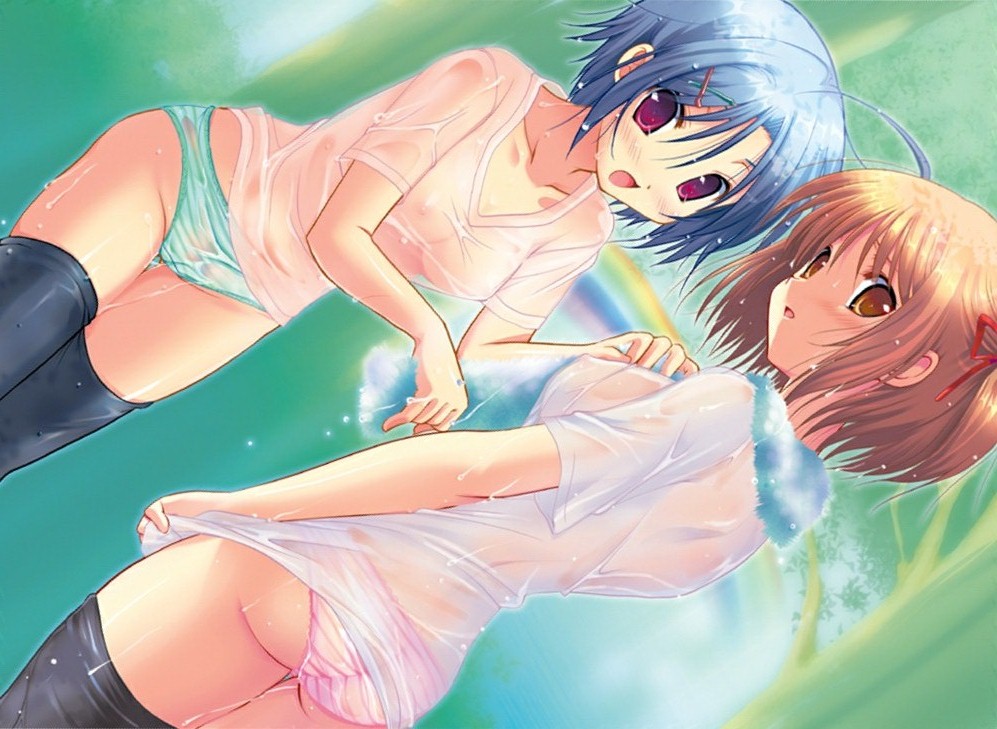 blue_hair breasts brown_eyes brown_hair covered_nipples dutch_angle game_cg jpeg_artifacts medium_breasts multiple_girls ninoko nipples no_bra original panties push!! red_eyes see-through small_breasts striped striped_panties thighhighs tower underwear wet wet_clothes wet_panties