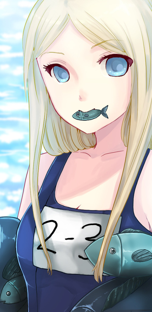 arakawa_under_the_bridge bad_id bad_pixiv_id blonde_hair blue_eyes carrying carrying_under_arm close-up collarbone fish long_hair meiko_(puua) mouth_hold nino_(arakawa) one-piece_swimsuit river school_swimsuit solo swimsuit upper_body water