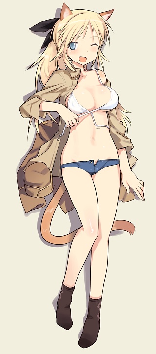 animal_ears bikini_top blonde_hair blue_eyes blush breasts cleavage fang katharine_ohare large_breasts legs lingerie long_hair lying one_eye_closed open_mouth shimada_fumikane short_shorts shorts smile solo tail underwear world_witches_series