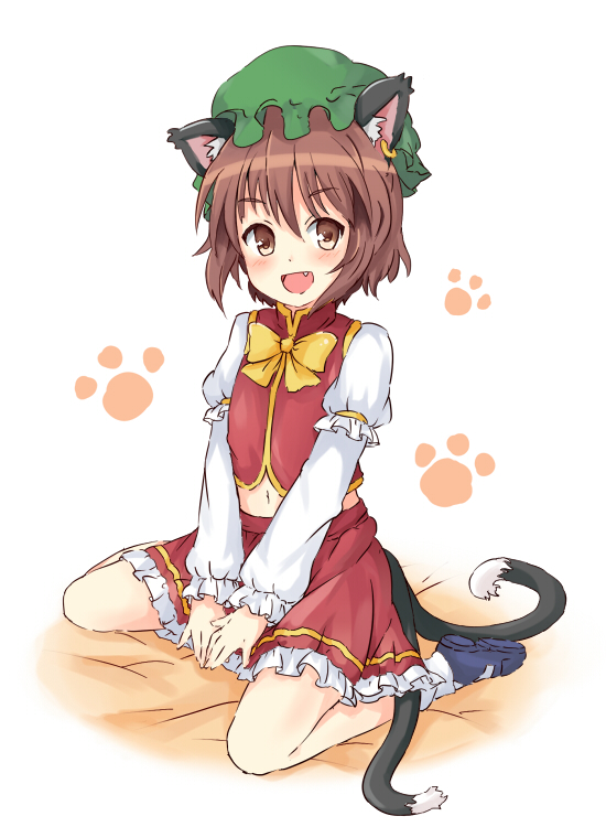 animal_ears bad_id bad_pixiv_id cat_ears cat_tail chen fang fine_(artist) midriff navel paw_print solo tail touhou