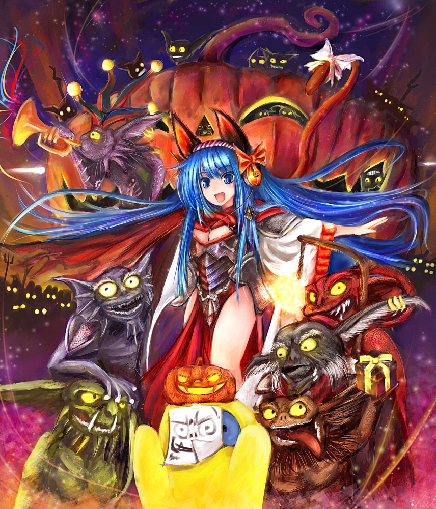 animal_ears armor bad_id bad_pixiv_id blue_hair breasts cape cleavage dot_heit fire genderswap genderswap_(mtf) gift gnarl halloween headphones instrument jack-o'-lantern light long_hair medium_breasts minion_(overlord) night open_mouth overlord_(arpg) overlord_(character) photo_(object) pumpkin quaver_(overlord) ribbon roderick_bodkin smile st-ko star steam_(platform) tail trumpet wolf_ears