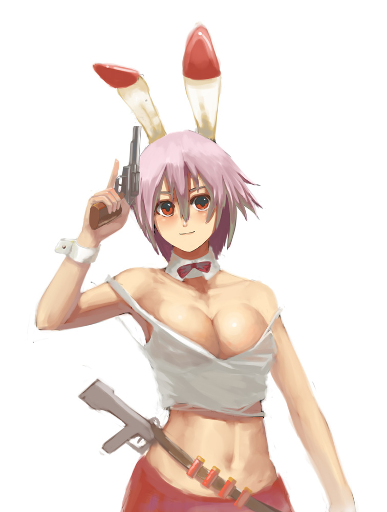 animal_ears arumi_tomoe bad_id bad_pixiv_id bandolier bow bowtie breasts bunny_ears cleavage gun handgun large_breasts midriff navel original pink_hair red_eyes revolver short_hair solo strap_slip trigger_discipline weapon wrist_cuffs