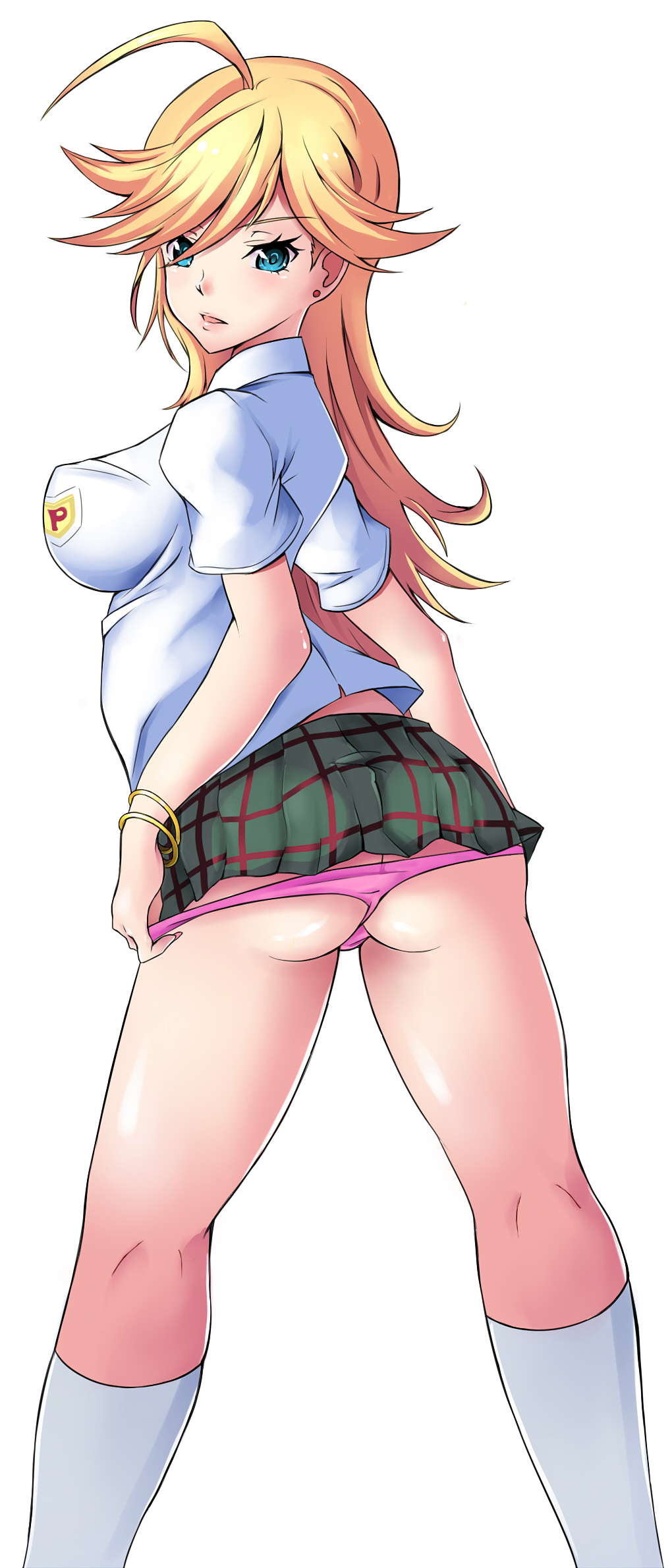 64_(xfour) ass bad_id bad_pixiv_id blonde_hair blue_eyes butt_crack earrings highres jewelry kneepits long_hair looking_back panties panty_&amp;_stocking_with_garterbelt panty_(psg) panty_pull school_uniform solo underwear