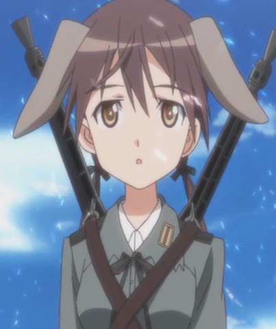 animal_ears animated animated_gif brown_eyes brown_hair gertrud_barkhorn gif lowres military military_uniform strike_witches twintails uniform weapon