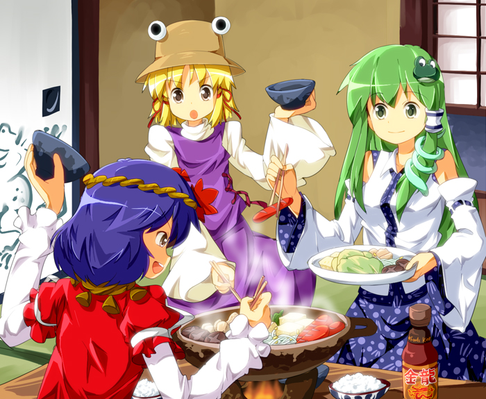 food kochiya_sanae moriya_suwako multiple_girls ruu_(tksymkw) touhou yasaka_kanako