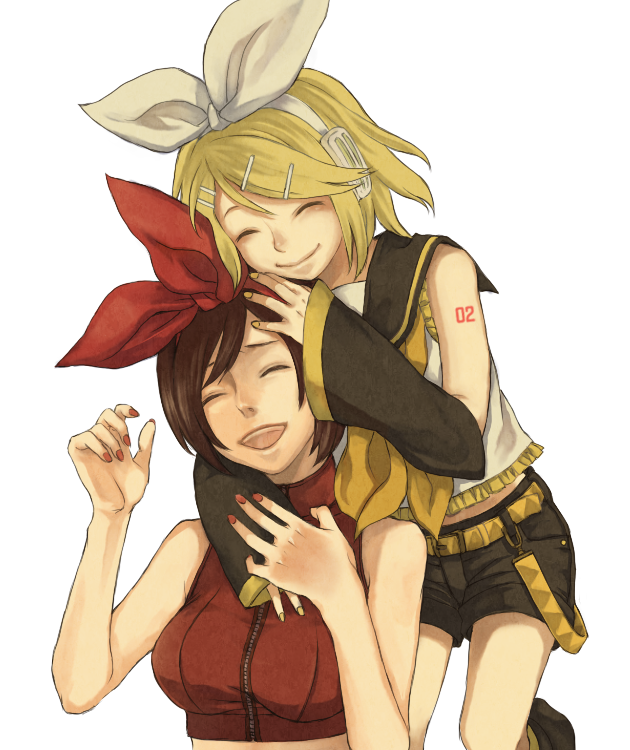 age_difference artist_request bow breasts hair_ornament hairpin headphones hug kagamine_rin medium_breasts meiko multiple_girls nail_polish red_nails shorts vocaloid yellow_nails