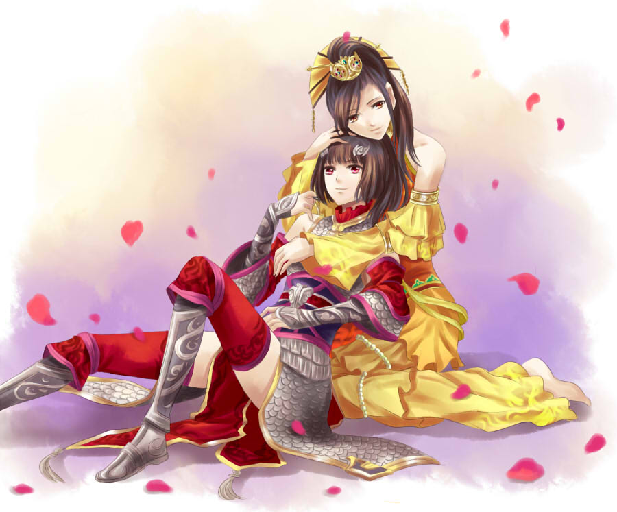 armor bare_shoulders barefoot black_hair brown_eyes chinese_clothes detached_sleeves hair_ornament hand_on_another's_head hug hug_from_behind leaning_back light_smile multiple_girls original pengnangehao petals red_eyes short_hair sitting thighhighs