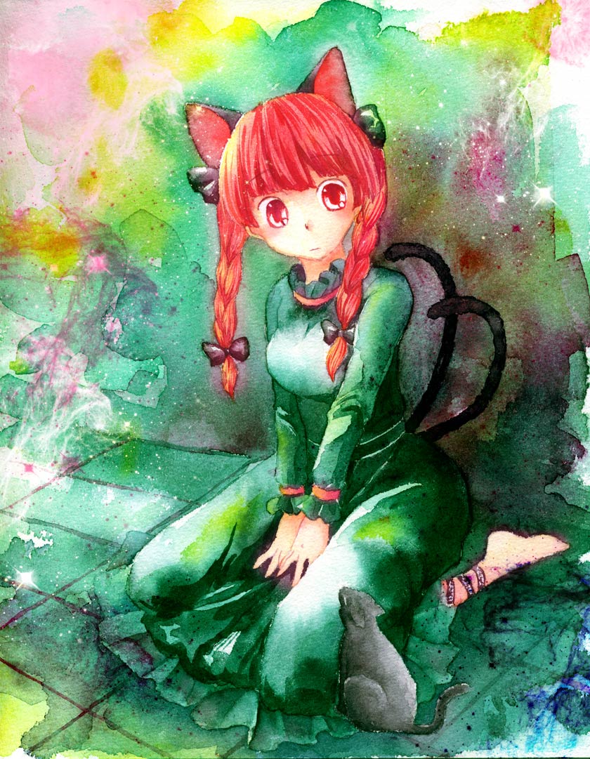 animal_ears ankle_lace-up barefoot bow braid cat cat_ears cat_tail cross-laced_footwear extra_ears hair_bow kaenbyou_rin long_hair multiple_tails red_eyes red_hair shiroaisa sitting solo tail touhou traditional_media twin_braids twintails wariza watercolor_(medium)