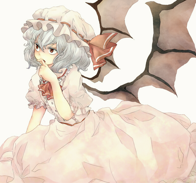 bad_id bad_pixiv_id bat_wings blue_hair eeko hand_to_own_mouth hat red_eyes remilia_scarlet simple_background solo touhou wings