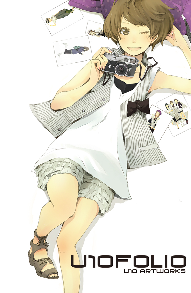 ;d backpack backpack_removed bad_id bad_pixiv_id bag bangs black_bow blush bow brown_eyes brown_hair camera cover cover_page doujin_cover hand_behind_head holding holding_camera looking_at_viewer lying nail_polish on_back one_eye_closed open_mouth original photo_(object) pink_nails pinstripe_pattern sandals short_hair shorts sleeveless smile solo striped swept_bangs vest white_background yoshito