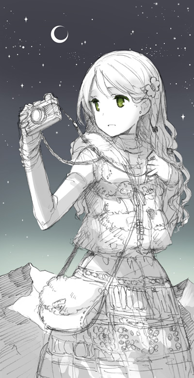 bad_id bad_pixiv_id bag camera crescent_moon earrings green_eyes h2so4 hair_ornament jewelry long_hair monochrome moon night original shoulder_bag sky solo spot_color star_(sky) starry_sky vest