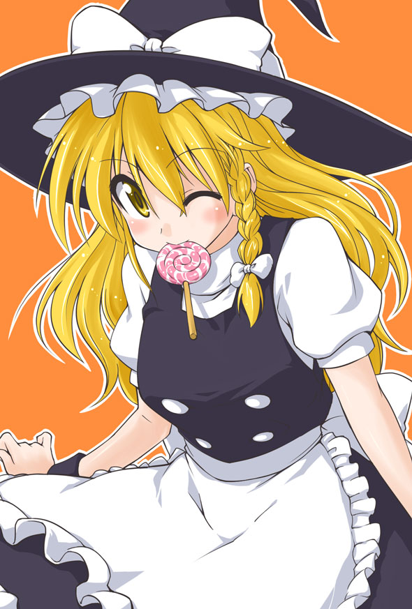 apron blonde_hair braid buttons candy dress food hair_ribbon hat kirisame_marisa lollipop mikagami_sou mouth_hold one_eye_closed ribbon side_braid solo swirl_lollipop touhou witch_hat yellow_eyes