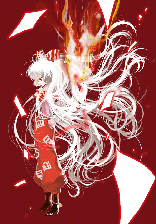 bow cocco-saco floating_hair flying_paper fujiwara_no_mokou hair_bow hand_in_pocket long_hair looking_down paper profile red_eyes solo standing touhou very_long_hair white_hair