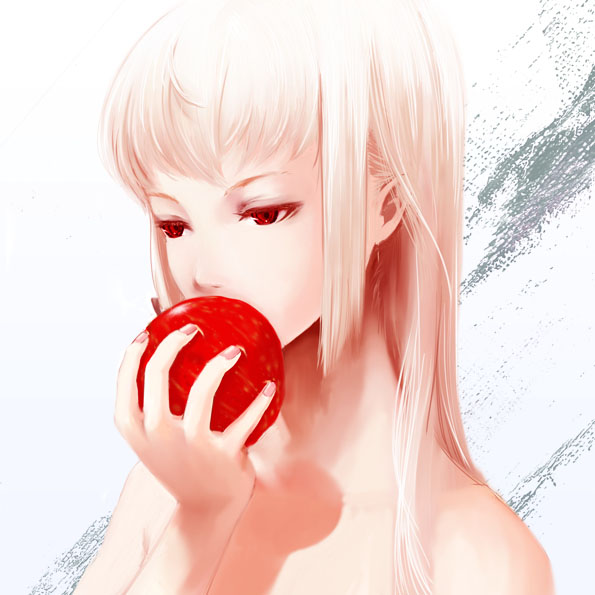 apple bad_id bad_pixiv_id covering_mouth face food fruit hands holding holding_food holding_fruit kan'in_(spencer) original pink_hair red_eyes solo